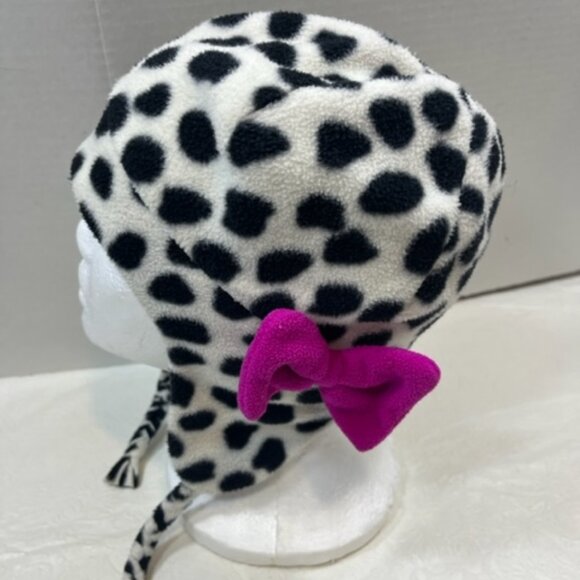 Lands' End White w/Black Spots Dalmatian Fleece Winter Hat w/Ties Pink Bow Med - Picture 2 of 16